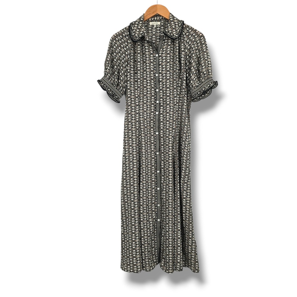 Max Studio Womens Geometric Fan Print Button Front Midi Dress Black Tan XS
